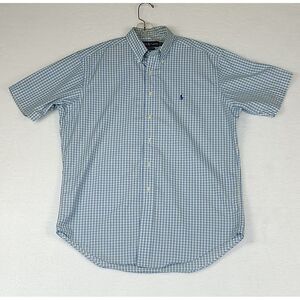 Ralph Lauren Shirt Men Medium Blue Yellow Plaid Short Sleeve Button Down Pony